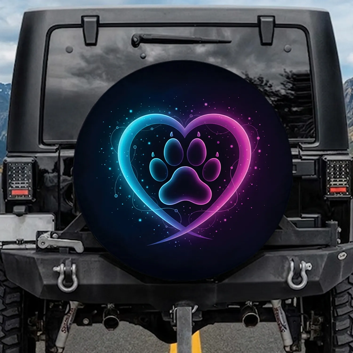 Cosmic Nebula Stars Glowing Heart Paw Print - Outdoor Lifestyle Wildlife Lover Gift Spare Tire Cover - 1