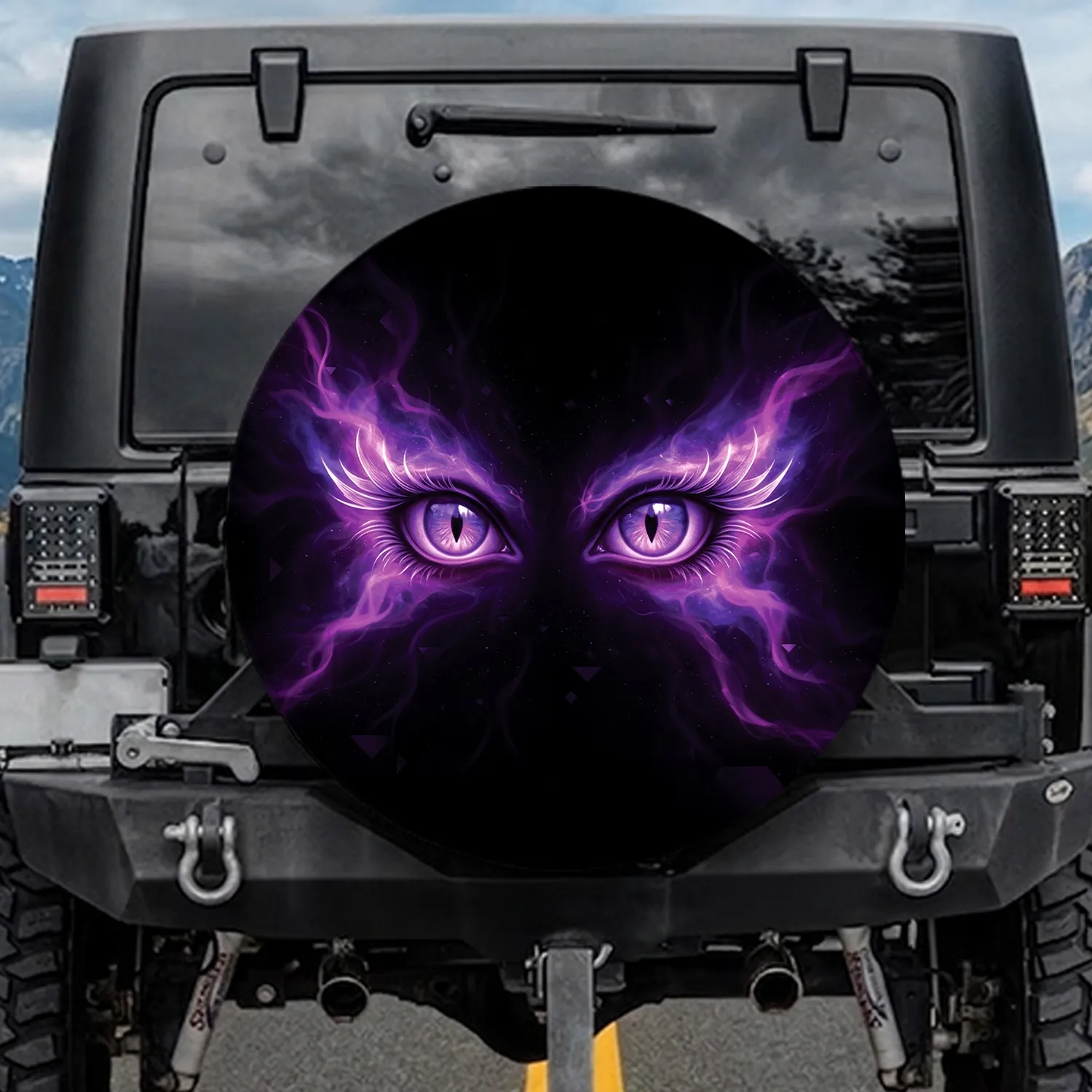 Luminous Feline Reptilian Purple Eyes - Mysterious Gaze Travel Essentials Spare Tire Cover - 1