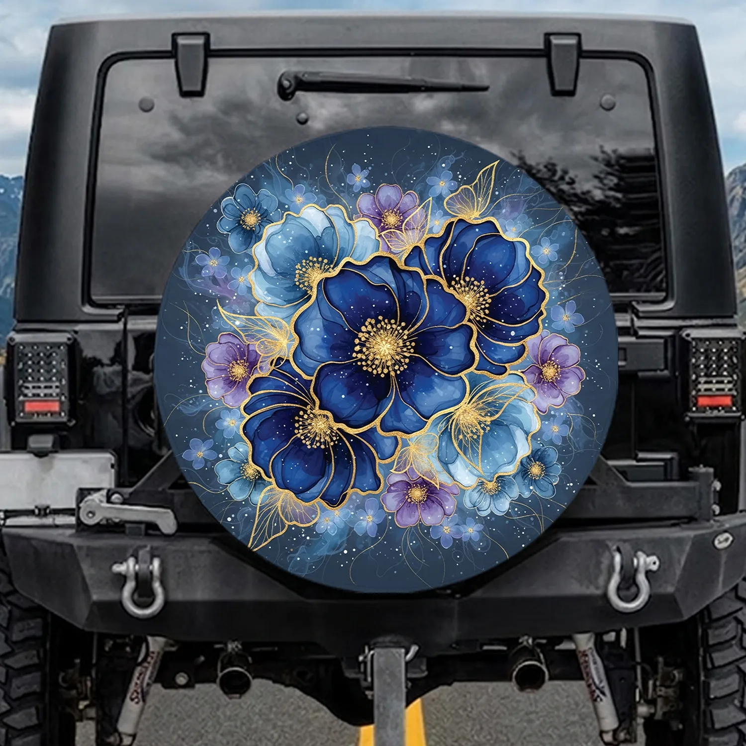 Indigo Blue Translucent Flowers Gold Butterfly Luxury Lifestyle Home Decor Gift Spare Tire Cover - 1