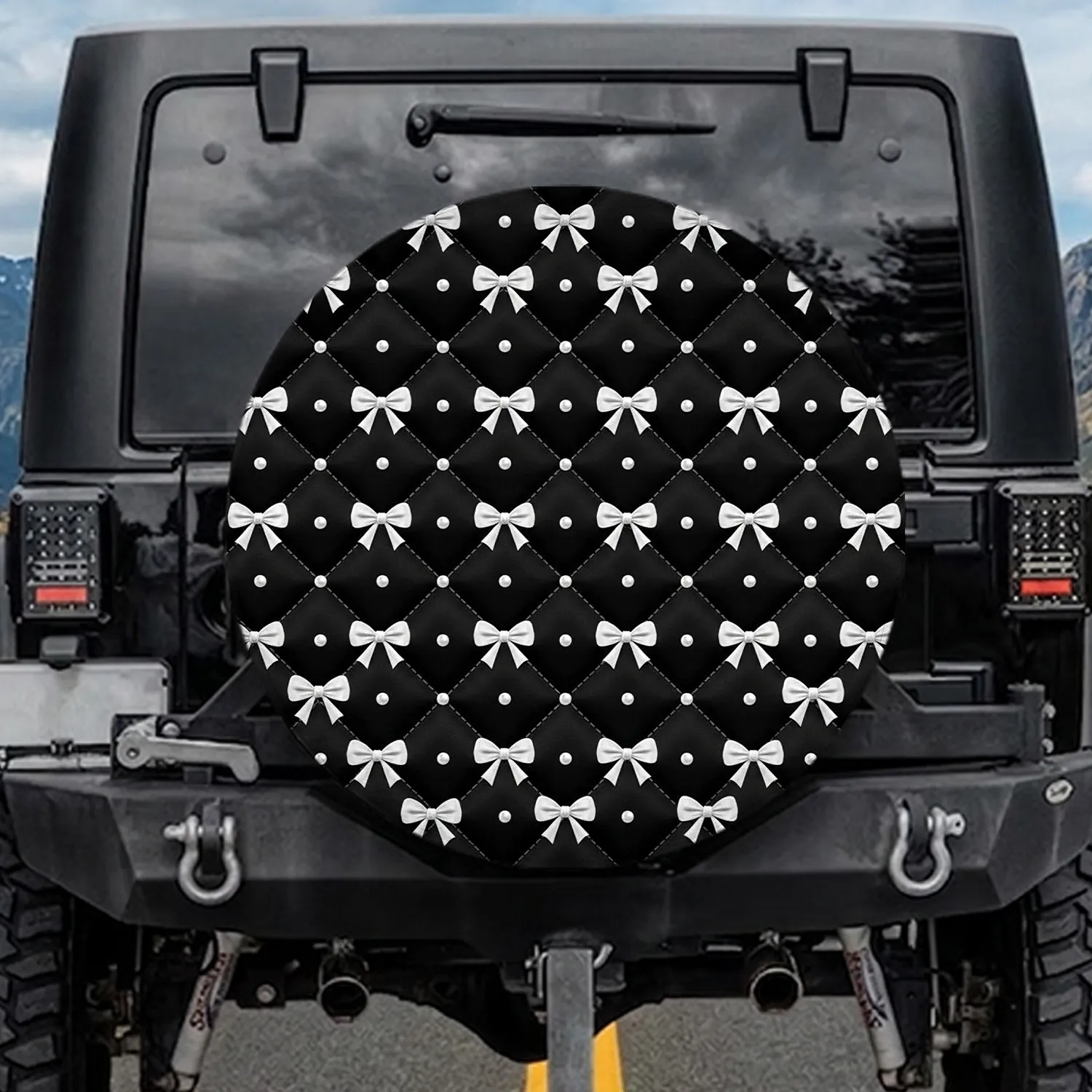 Diamond Quilted Satin White Silk Bows Pearl Dots - Home Decor Gift Spare Tire Cover - 1