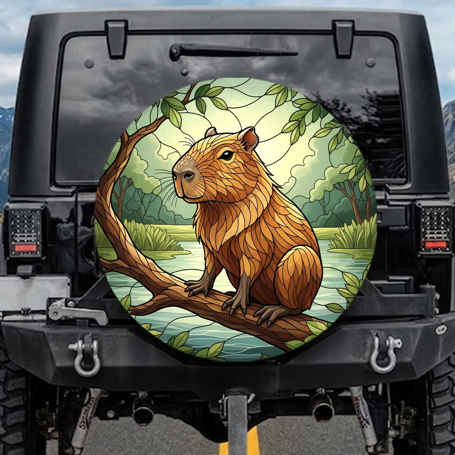 Stained Glass Capybara Tree Branch Tropical Foliage Wildlife Lover Gift Spare Tire Cover - 1