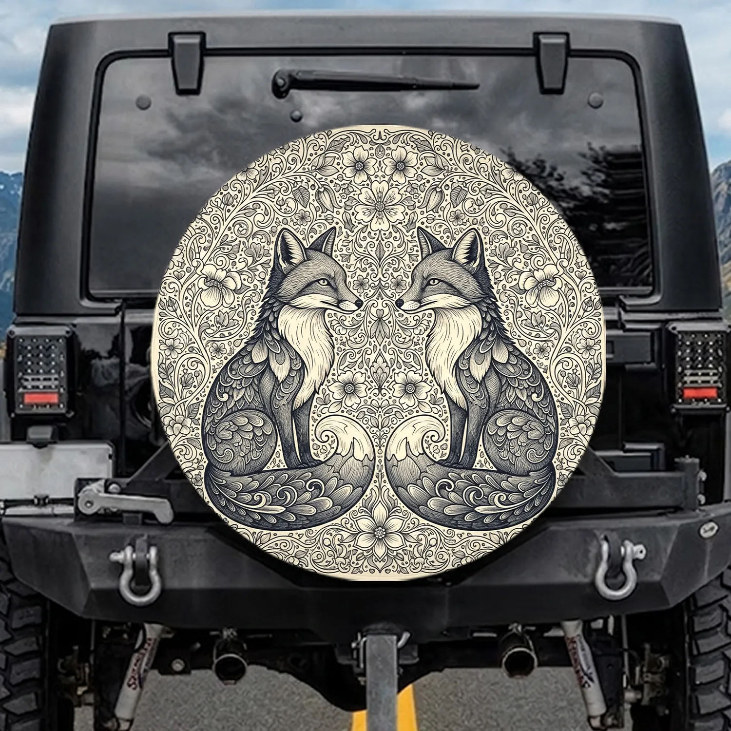 Two Foxes Curled Tails Botanical Vines Blossoms Leaves Central Flourish - Nature Lover Gift Spare Tire Cover - 1