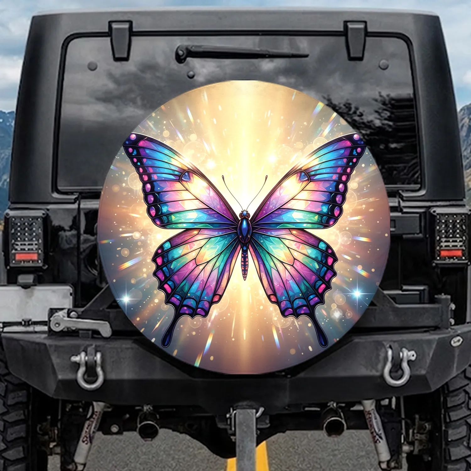 Iridescent Stained Glass Butterfly Geometric Prismatic - Butterfly Lover Gift Spare Tire Cover - 1