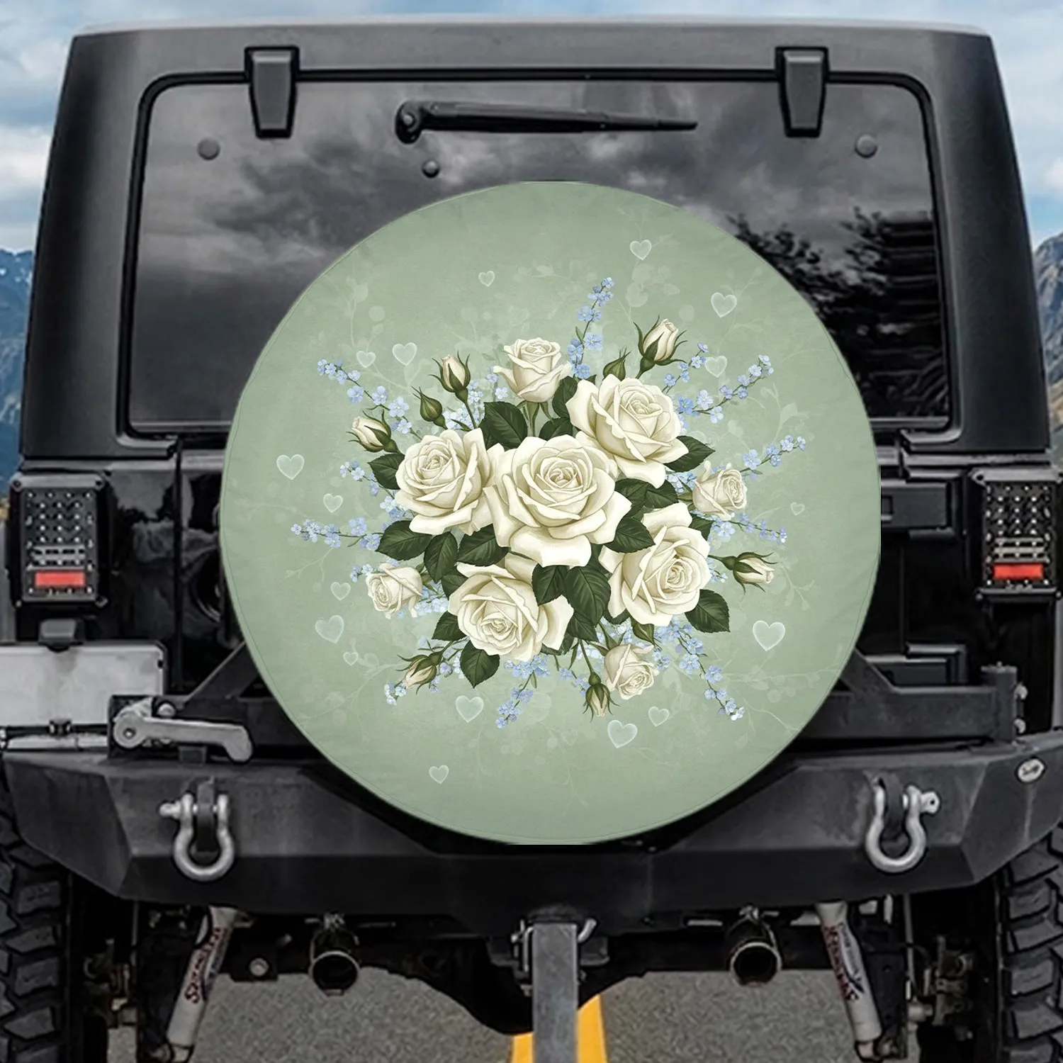 White Roses Forget-Me-Nots Sage Green Botanical - Travel Essentials Gift for Nature Lovers Spare Tire Cover - 1