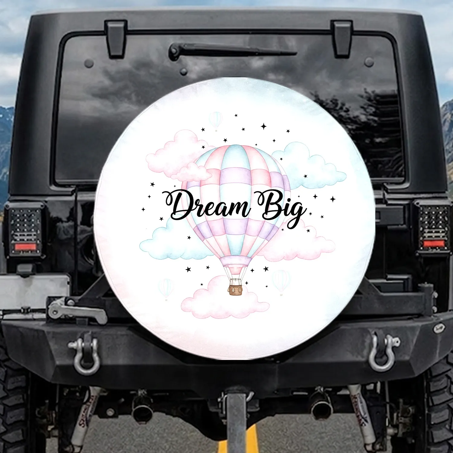 Dream Big Pink Purple Blue Stripe Hot Air Balloon Clouds Stars - Home Decor Gift Spare Tire Cover - 1