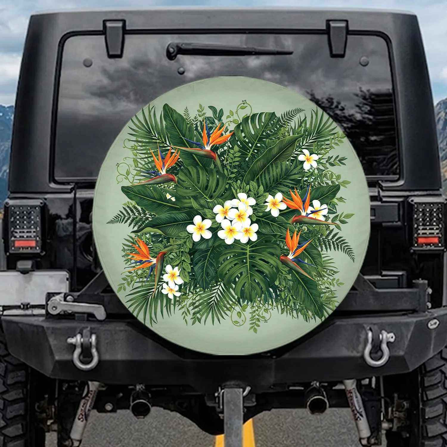 Plumeria Bird-of-Paradise Tropical Leaves Jungle - Outdoor Living Nature Lover Spare Tire Cover - 1