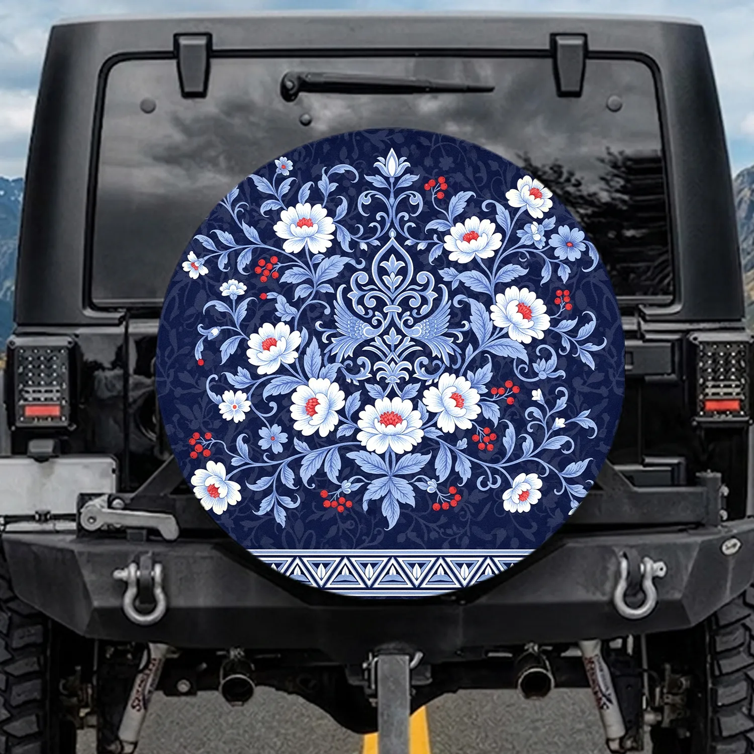 Floral Bloom Red Berry Blue Scrollwork Vine - Vehicle Decor Gift Spare Tire Cover - 1