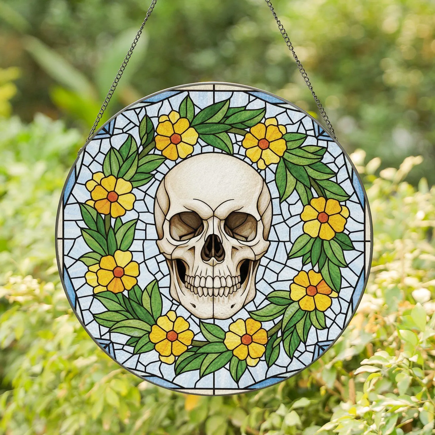 Tiffany Stained Glass Human Skull Yellow Flowers Clear Blue White Mosaic - Home Decor Gift Stained Glass Suncatcher - 1