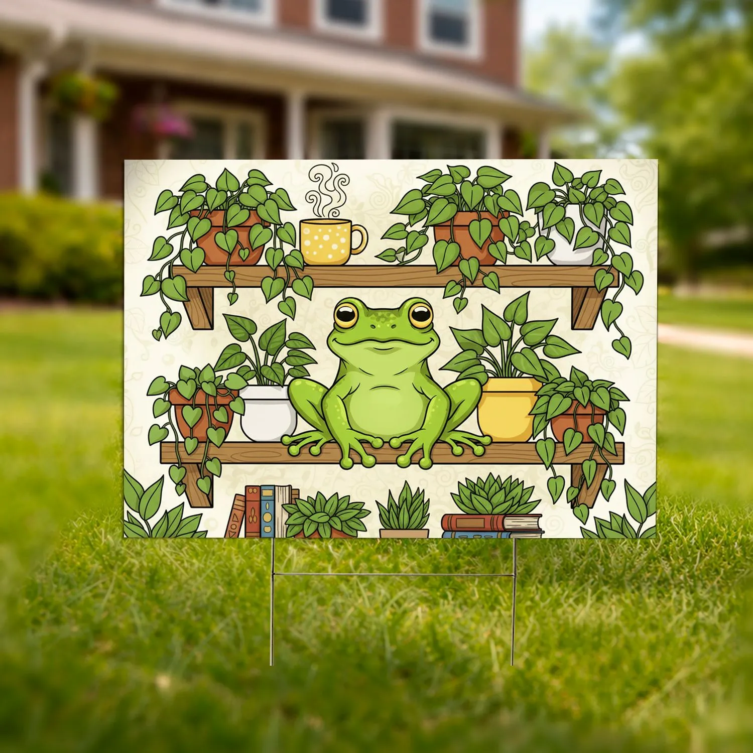 Friendly Frog Houseplants Wooden Shelf Decor - Home Decor Gift for Houseplant Lover Yard Sign - 1