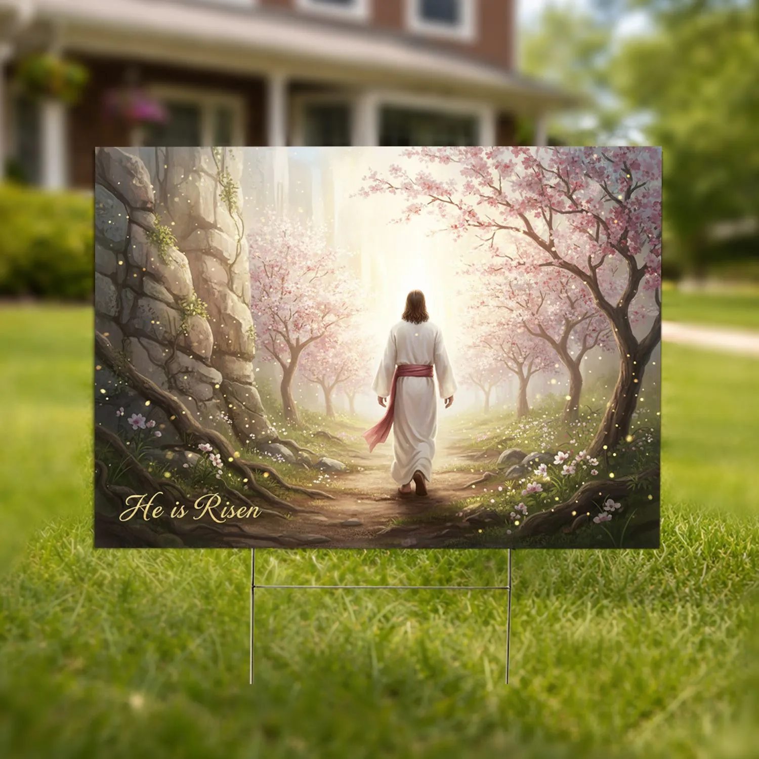 Jesus Risen Path, Flowering Trees - Easter Religious Gift Yard Sign - 1