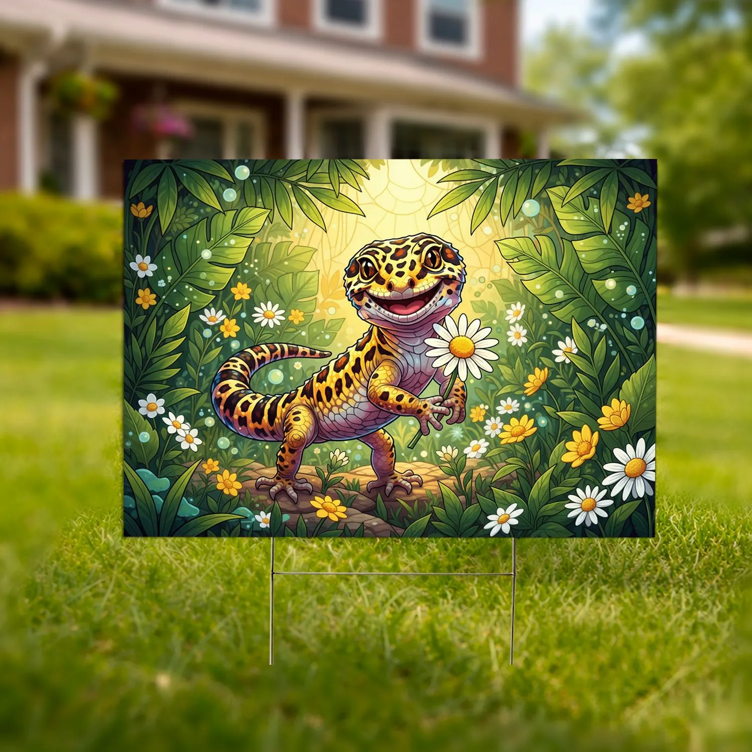 Stained Glass Leopard Gecko Daisy - Reptile Lover Tropical Garden Gift Yard Sign - 1