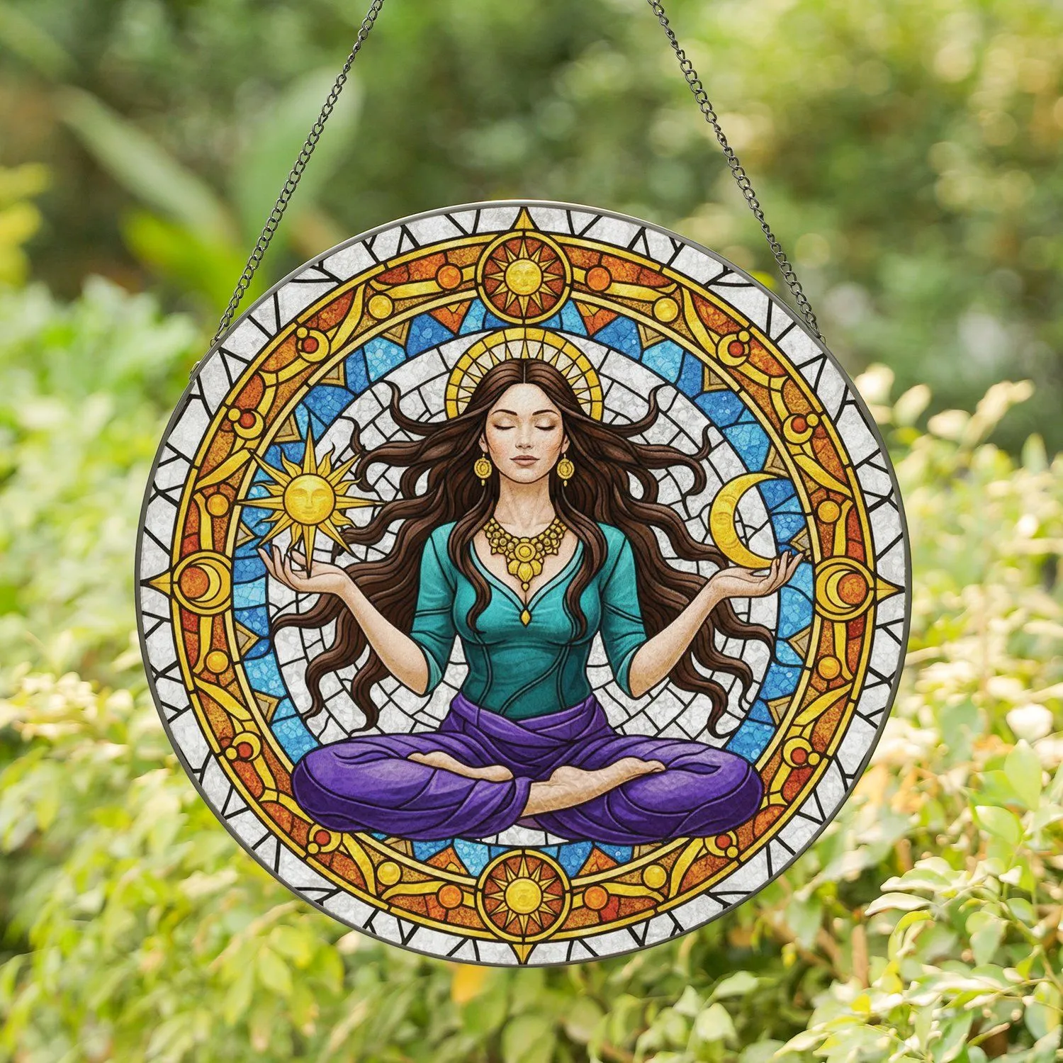 Meditating Woman Lotus Pose Sun Moon Medallions Circular Frame - Yoga Decor Gift Stained Glass Suncatcher - 1
