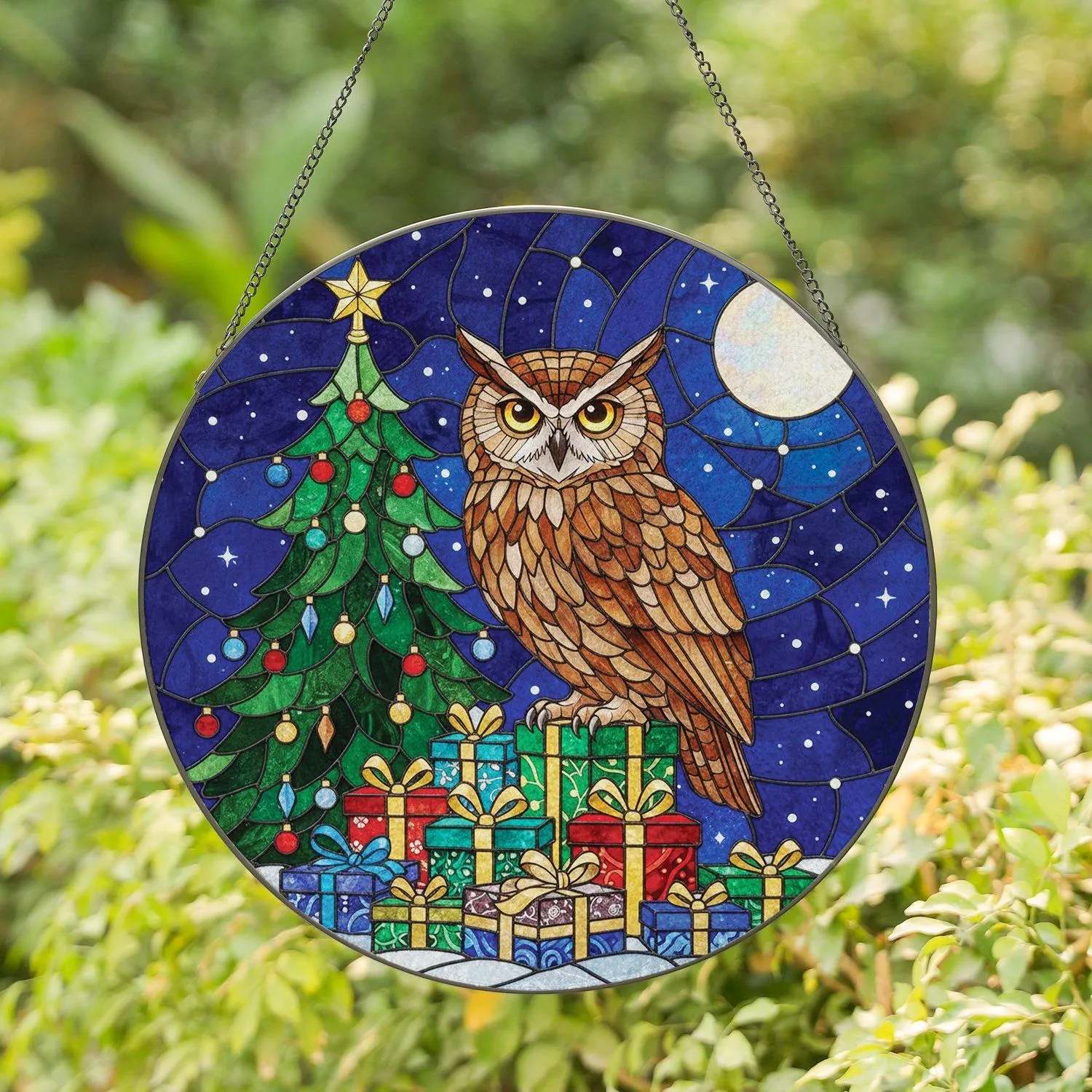 Brown Owl Christmas Gifts Moon Night Sky - Holiday Home Decor Gift Stained Glass Suncatcher - 1