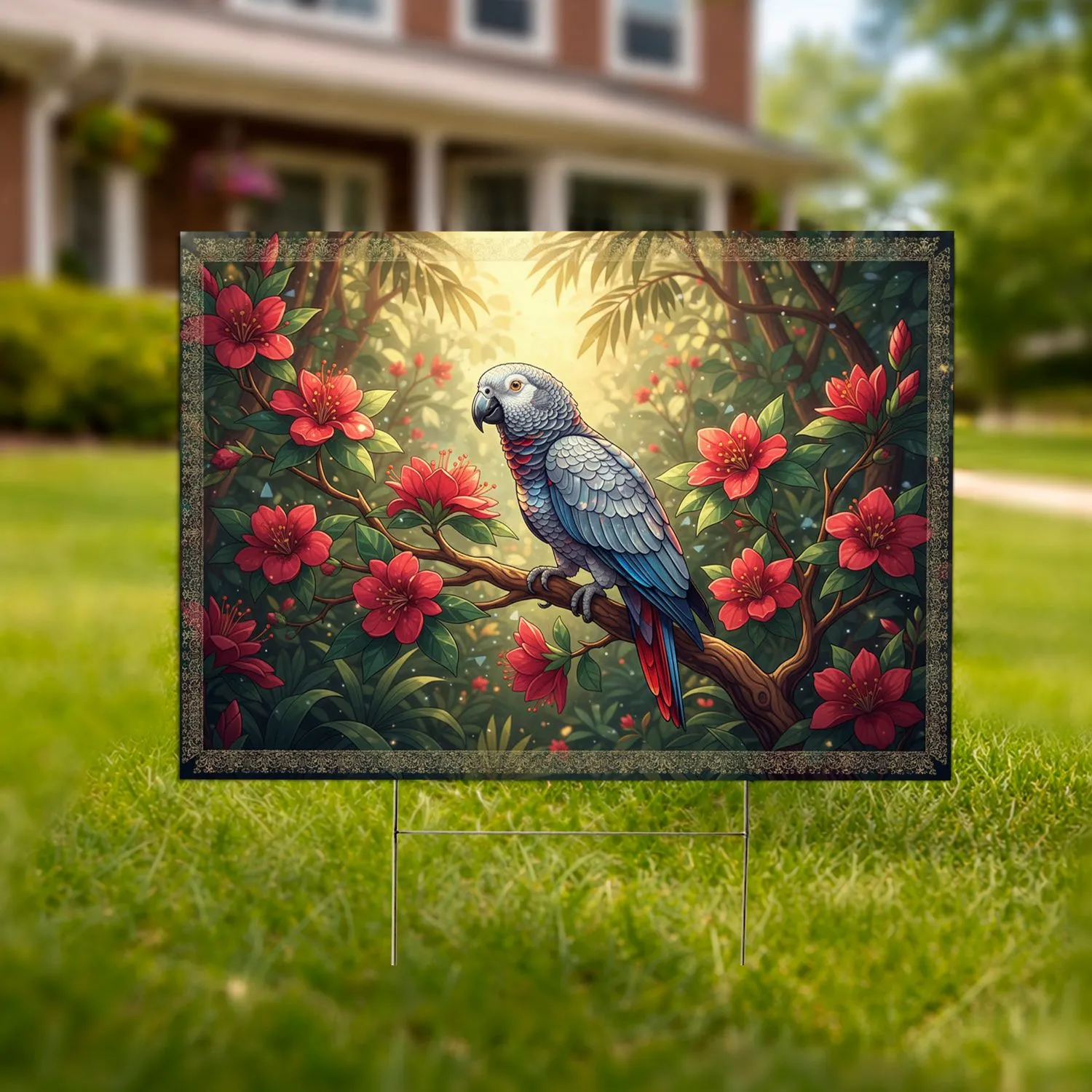 Grey Parrot Stained Glass Flowers Tropical Garden - Home Decor Gift for Bird Lover Yard Sign - 1
