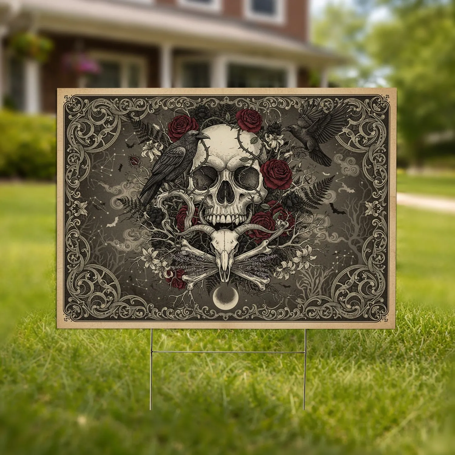 Ornate Skull Raven Gothic Scrollwork - Dark Academia Home Decor Gift Yard Sign - 1