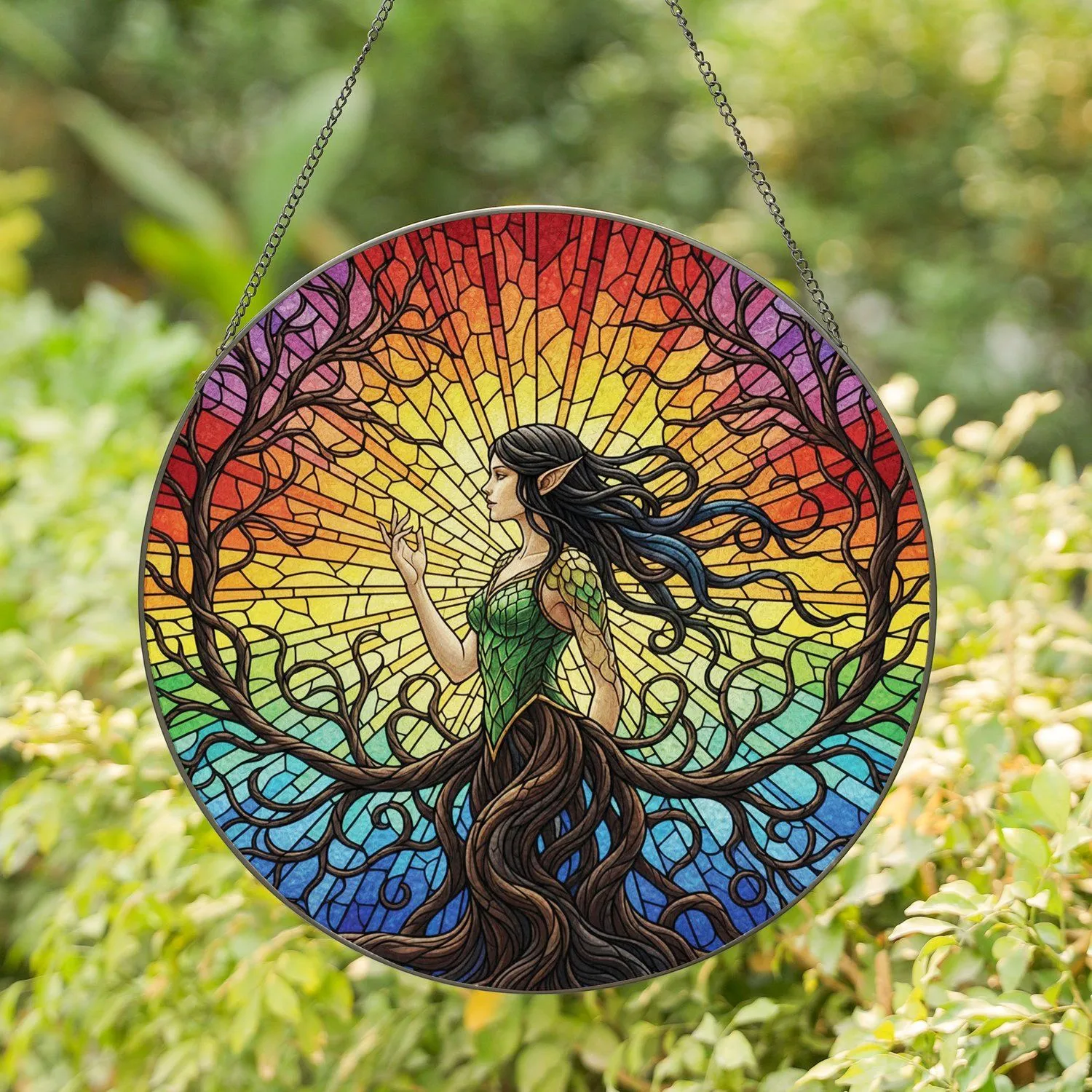 Ethereal Elf Woman Dark Hair Gnarled Roots Rainbow Stained Glass - Fantasy Home Decor Gift Stained Glass Suncatcher - 1
