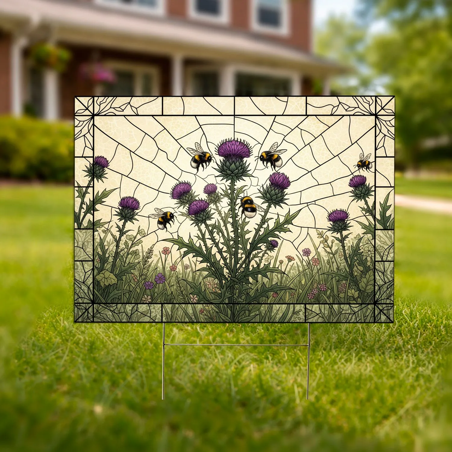 Thistle Flower Bumblebee Stained Glass - Garden Decor Nature Lover Gift Yard Sign - 1