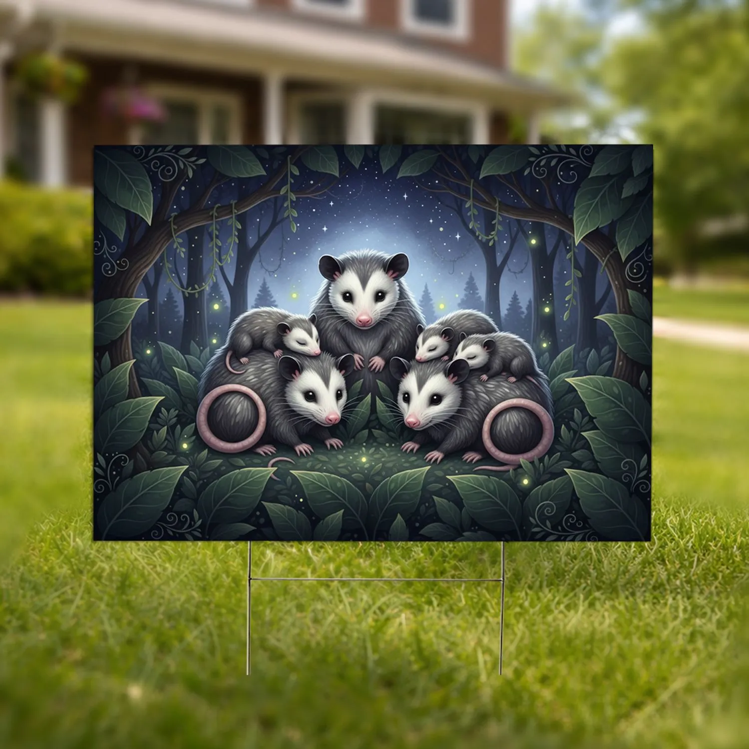 Opossum Family Nocturnal Forest Moonlight - Wildlife Lover Gift Yard Sign - 1