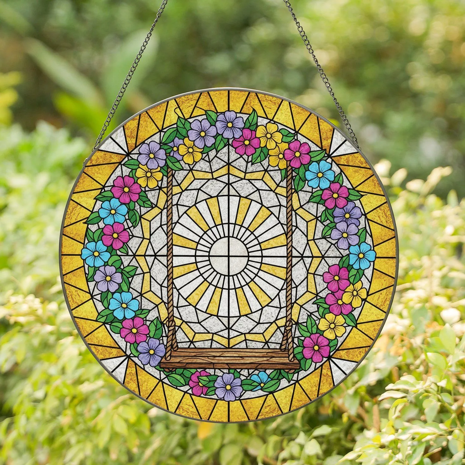 Rustic Swing Floral Garland Clear Glass - Home Decor Gift for Garden Lover Stained Glass Suncatcher - 1