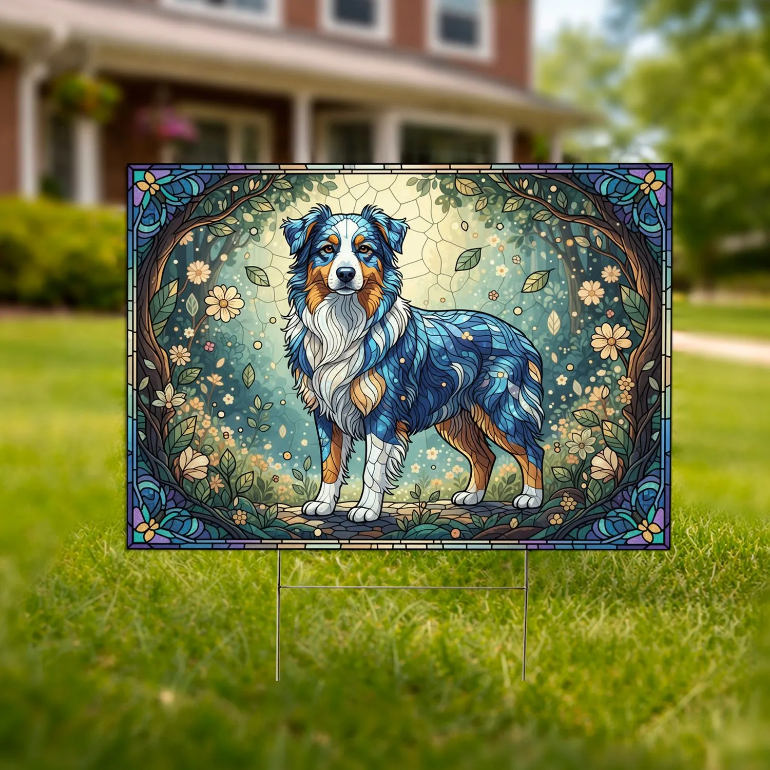 Gemstone Australian Shepherd Enchanted Garden Flora - Dog Lover Gift Yard Sign - 1