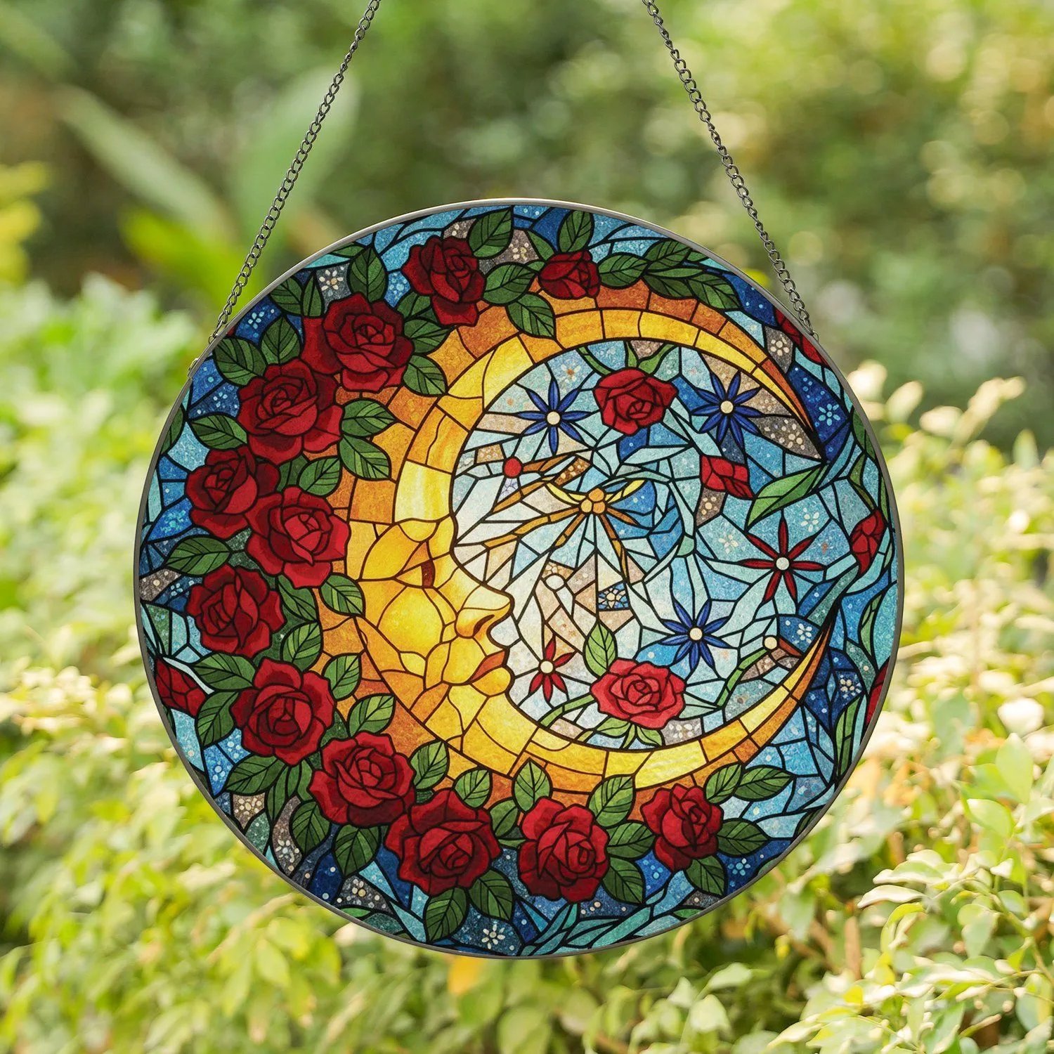 Rose Crescent Moon Stars - Home Decor Gift for Celestial Lover Stained Glass Suncatcher - 1