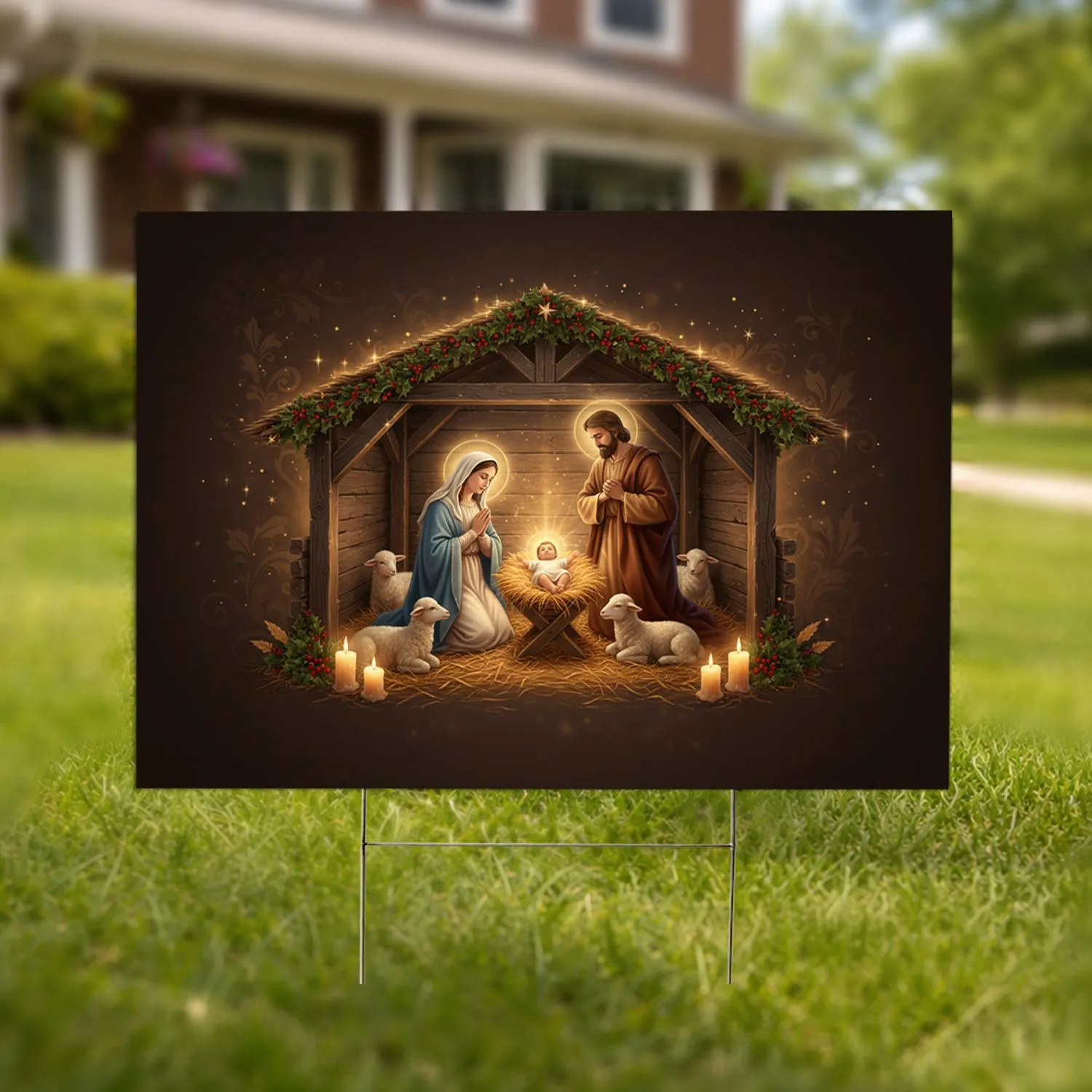 Nativity Scene Holy Family Rustic Stable Garland - Christmas Religious Home Decor Yard Sign - 1