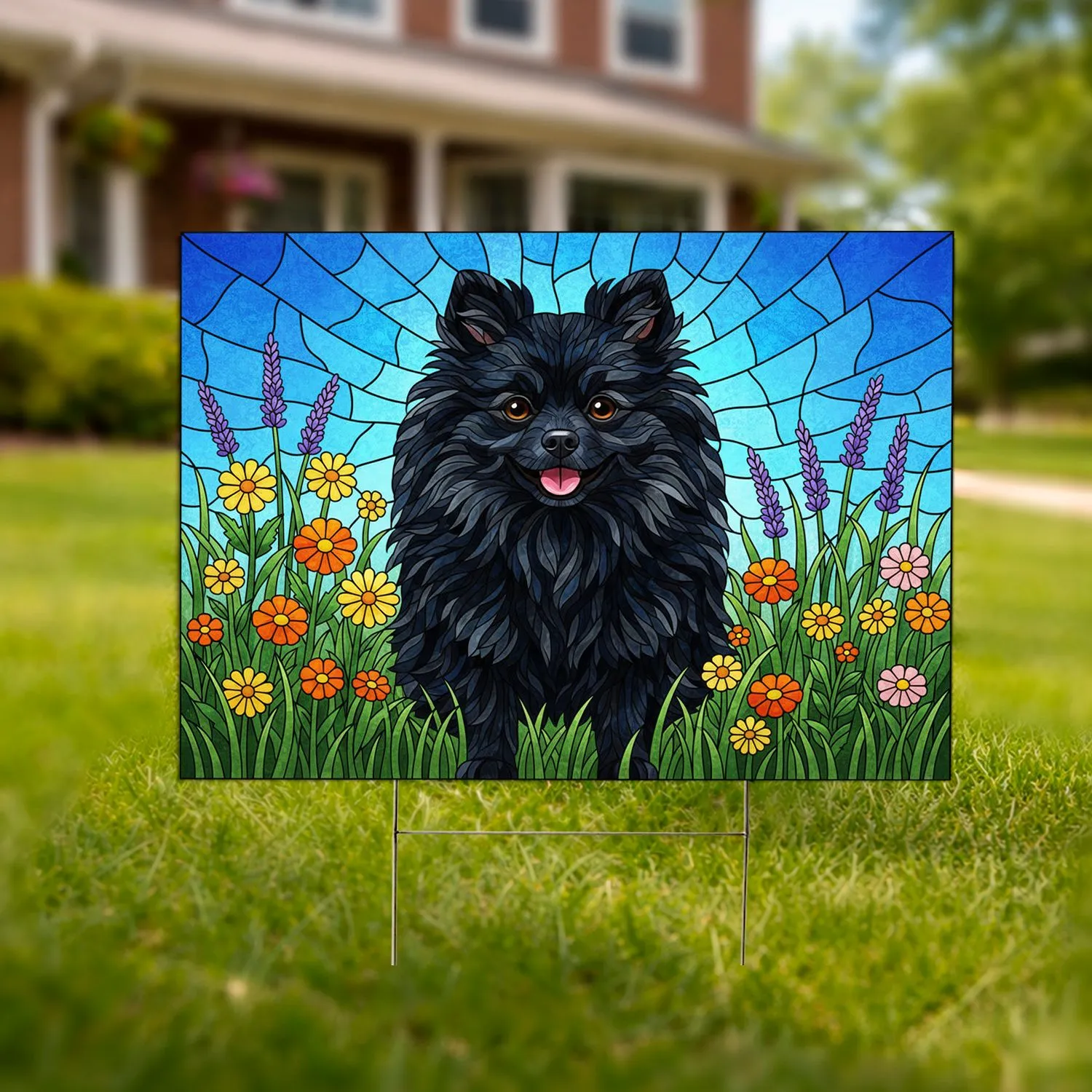 Black Pomeranian Stained Glass Wildflowers - Home Decor Gift for Dog Lovers Yard Sign - 1