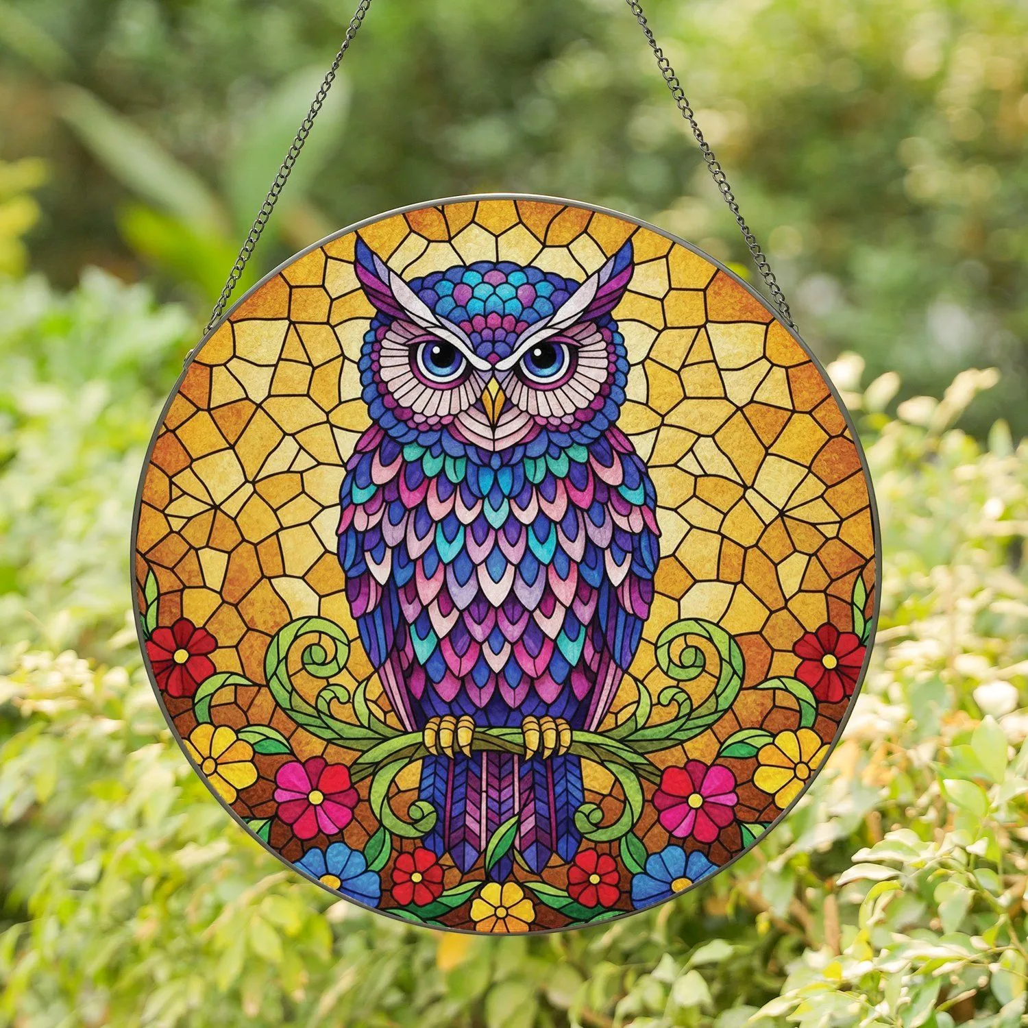 Majestic Perched Owl Blooming Flowers - Home Decor Gift for Wildlife Lovers Stained Glass Suncatcher - 1