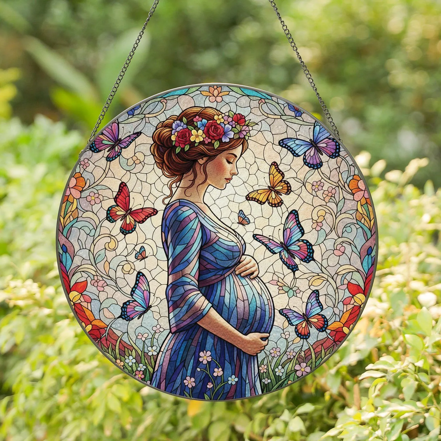 Pregnant Woman Butterfly Floral Crown Wildflowers - Expecting Mom Home Decor Gift Stained Glass Suncatcher - 1