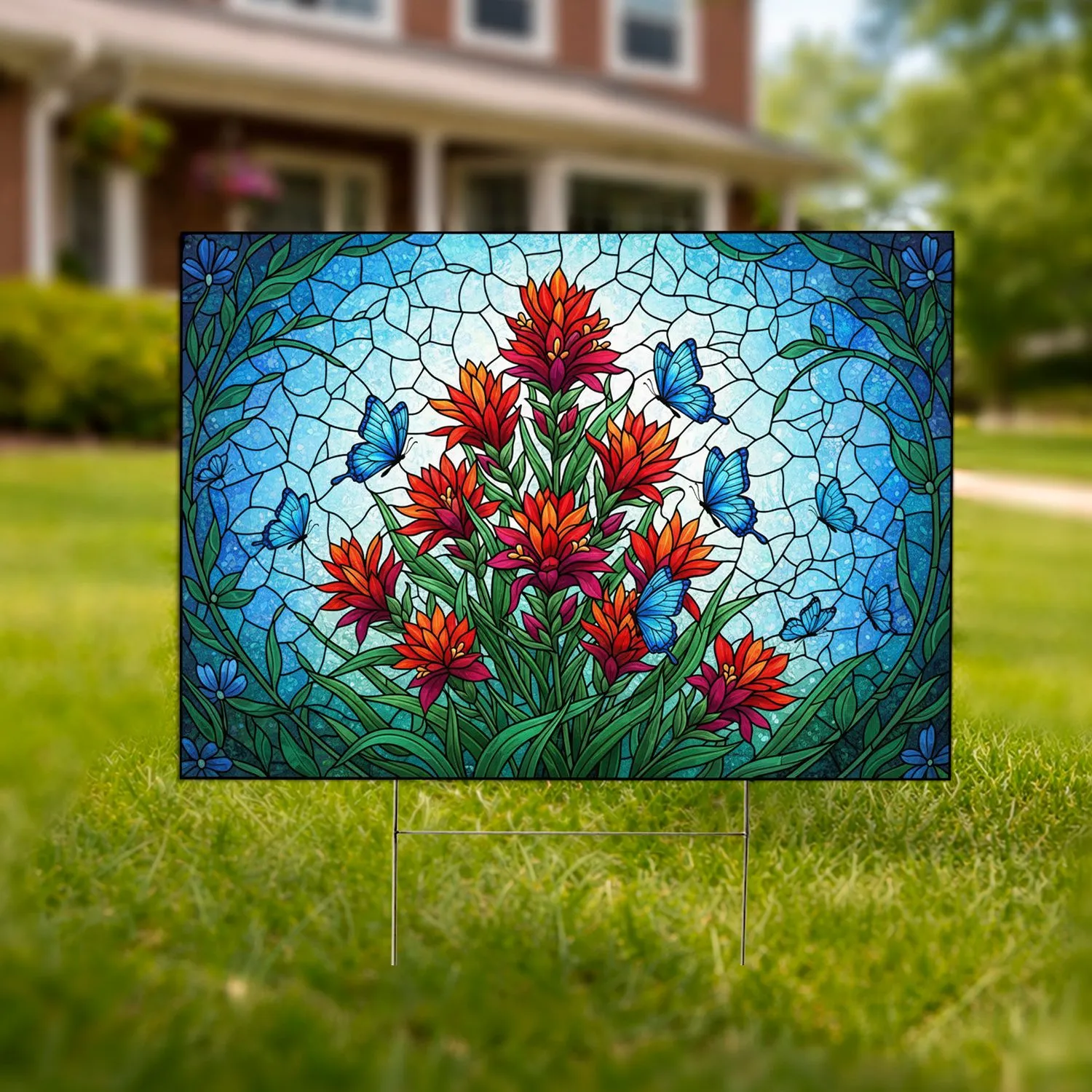 Stained Glass Spiky Flowers Blue Butterflies - Home Decor Gift Yard Sign - 1