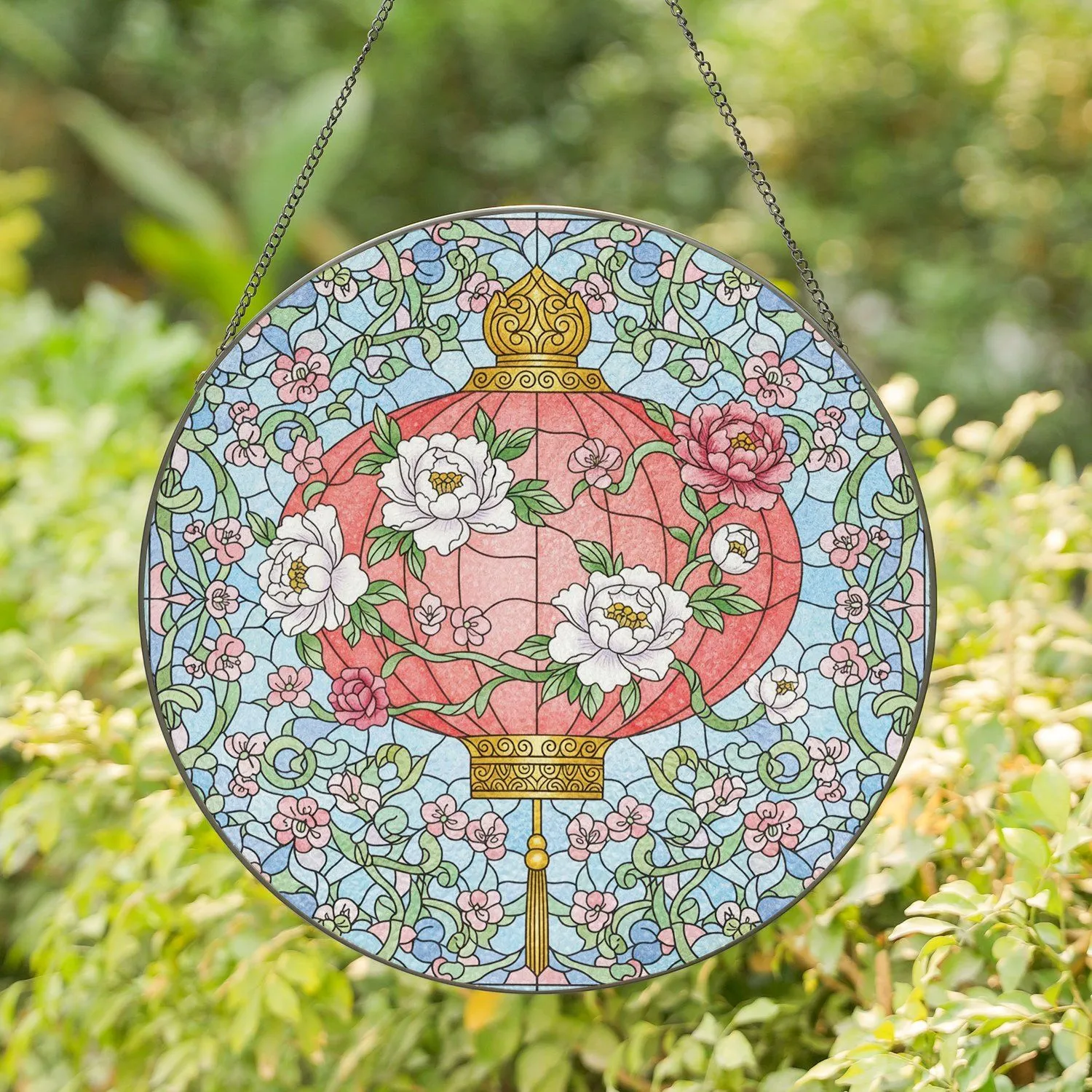 Coral Pink Chinese Lantern Peony Blossom Vines Auspicious Cloud - Home Decor Gift Stained Glass Suncatcher - 1