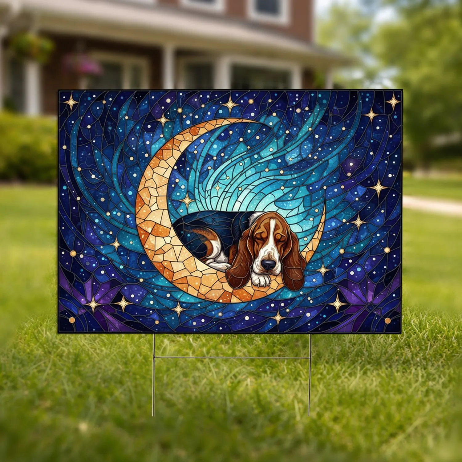 Basset Hound Moon Stained Glass Celestial Night Home Decor Gift Yard Sign - 1