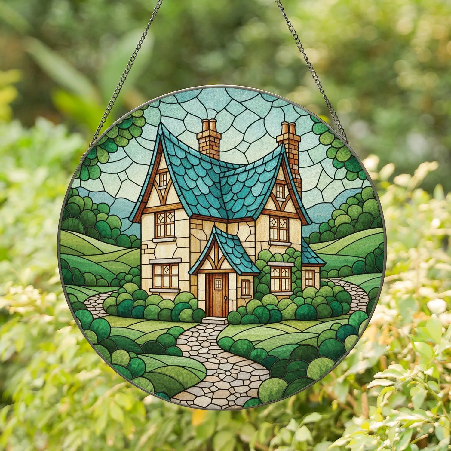 Teal Roof Cottage House Landscape - Home Decor Gift Stained Glass Suncatcher - 1