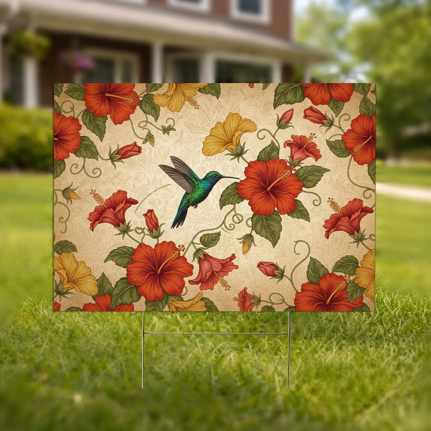 Emerald Hummingbird Hibiscus Flowers Vintage Botanical - Home Decor Gift for Nature Lover Yard Sign - 1