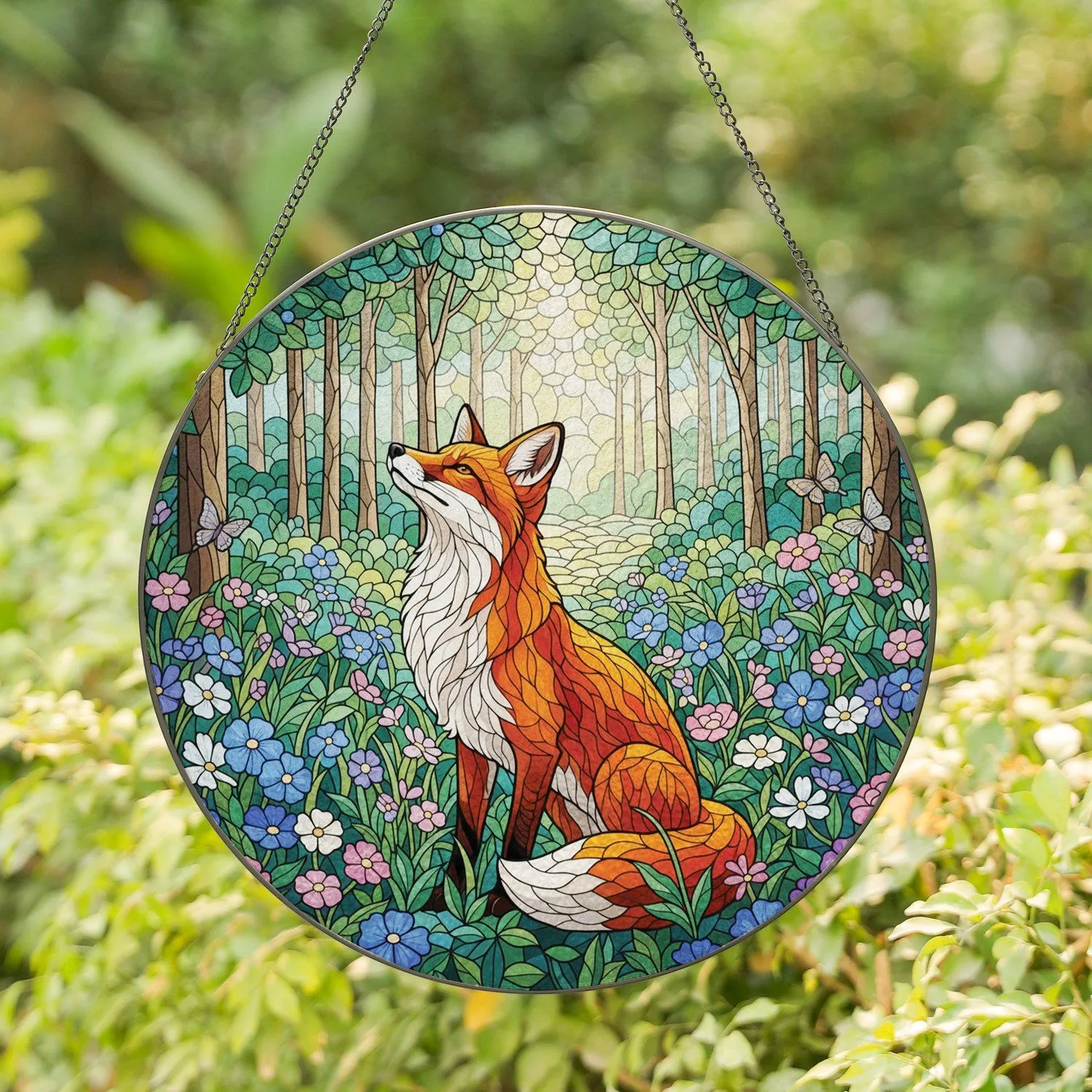 Red Fox Wildflower Meadow Butterfly - Home Decor Gift for Wildlife Lover Stained Glass Suncatcher - 1