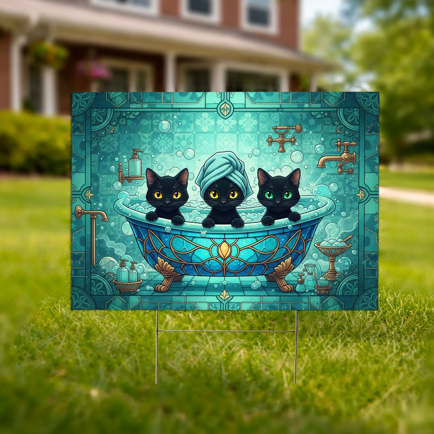 Black Cats Turban Clawfoot Bathtub Spa Relaxation Home Decor Gift Cat Lover Yard Sign - 1