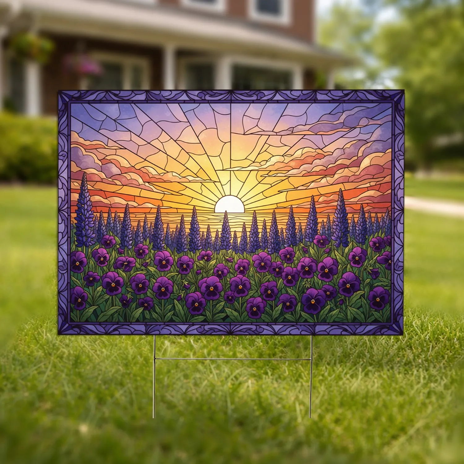 Purple Pansies Indigo Lupine Spires Flower Field Stained Glass Sunset - Home Decor Gift Yard Sign - 1