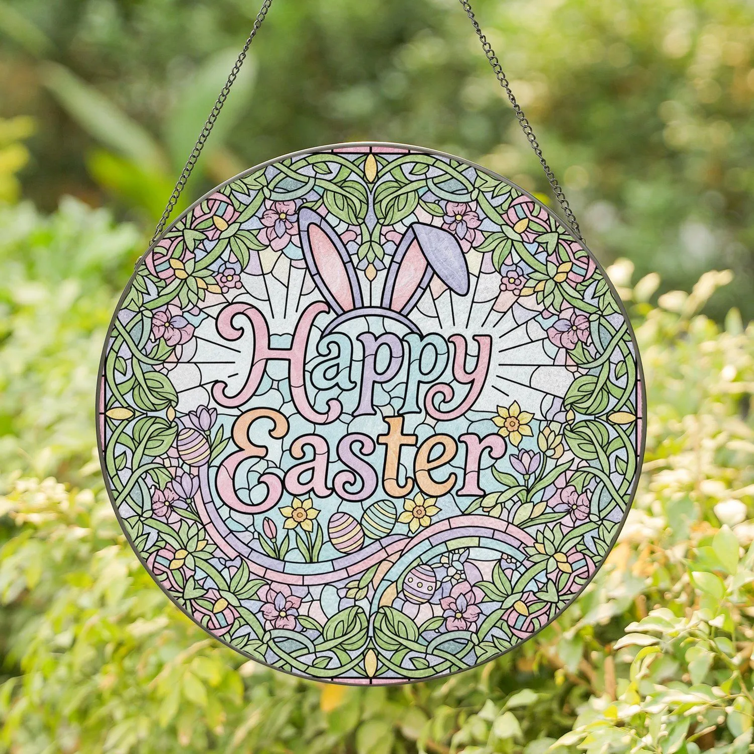 Happy Easter Phrase, Bunny Ears, Spring Flowers & Eggs, Leafy Vines Mosaic - Spring Holiday Decor Stained Glass Suncatcher - 1