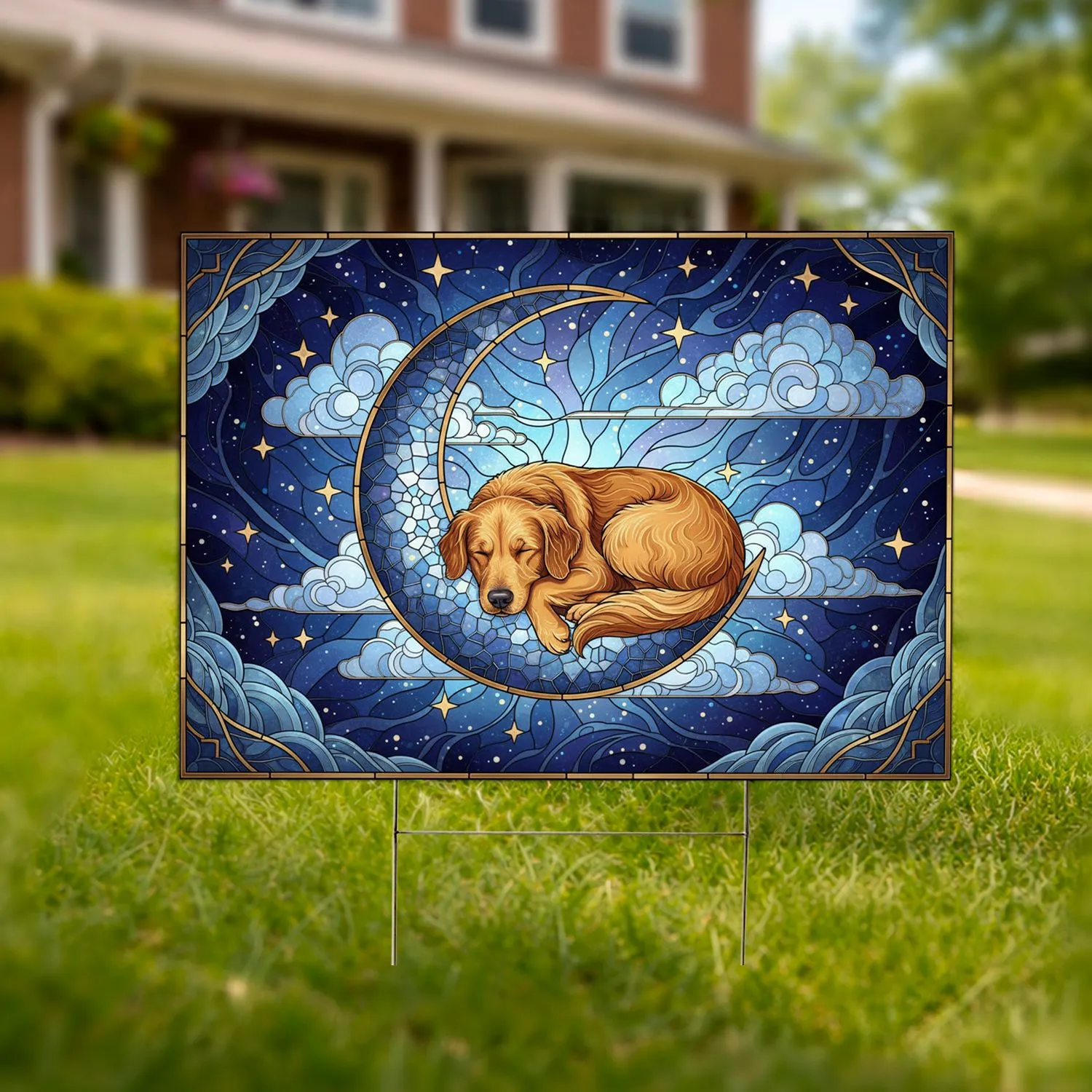 Golden Retriever Sleeping Crescent Moon Luminous Stars - Peaceful Celestial Dog Lover Gift Yard Sign - 1