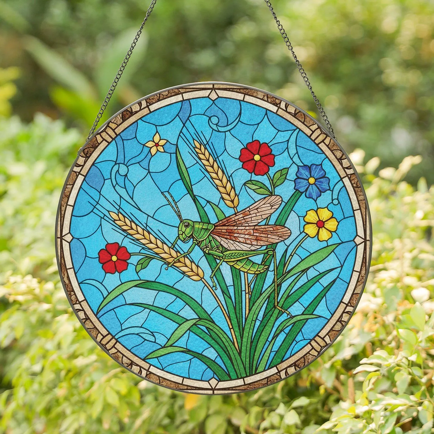 Green Grasshopper Wheat Grass Wildflower Sky Mosaic Square - Wildlife Lover Home Decor Gift Stained Glass Suncatcher - 1