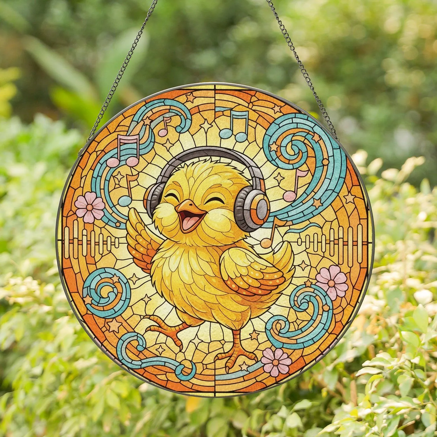 Baby Chick Headphones Music Notes Floral Stars Shards - Music Lover Home Decor Gift Stained Glass Suncatcher - 1