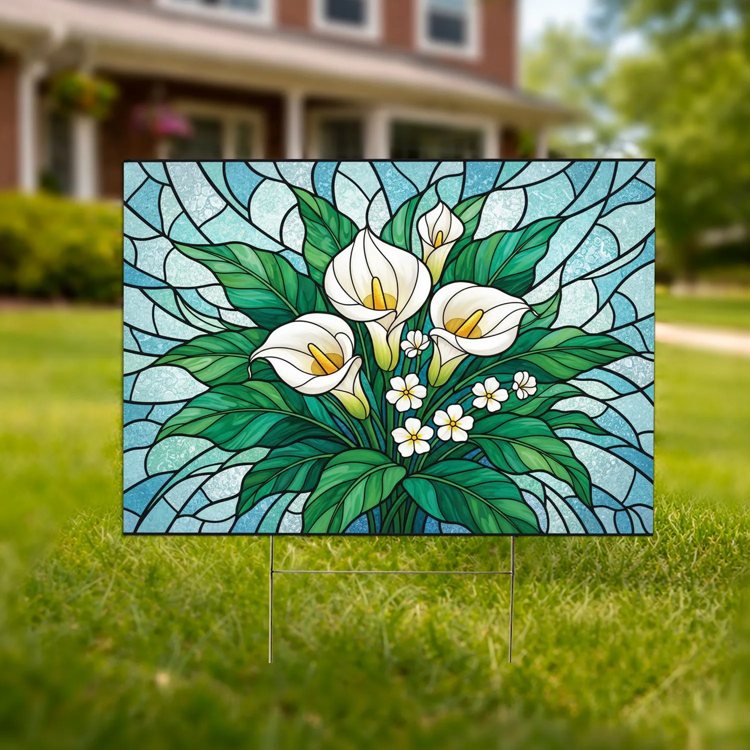 Stained Glass Calla Lily Flowers Rich Yellow Green Leaves Geometric Mosaic - Home Decor Gift Yard Sign - 1