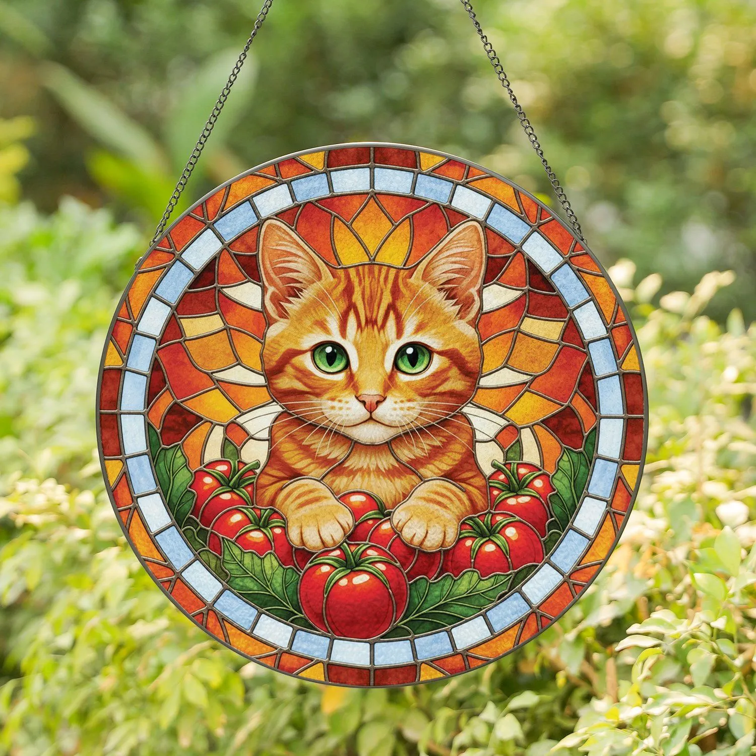Tabby Kitten Tomato Veggie Patch - Home Decor Gift for Garden Lover Cat Owner Stained Glass Suncatcher - 1