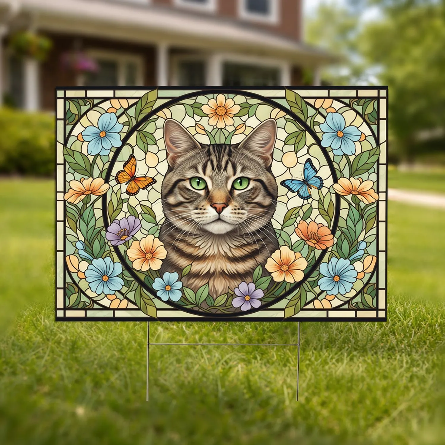 Tabby Cat Portrait Stained Glass Florals - Cat Lover Home Decor Gift Yard Sign - 1