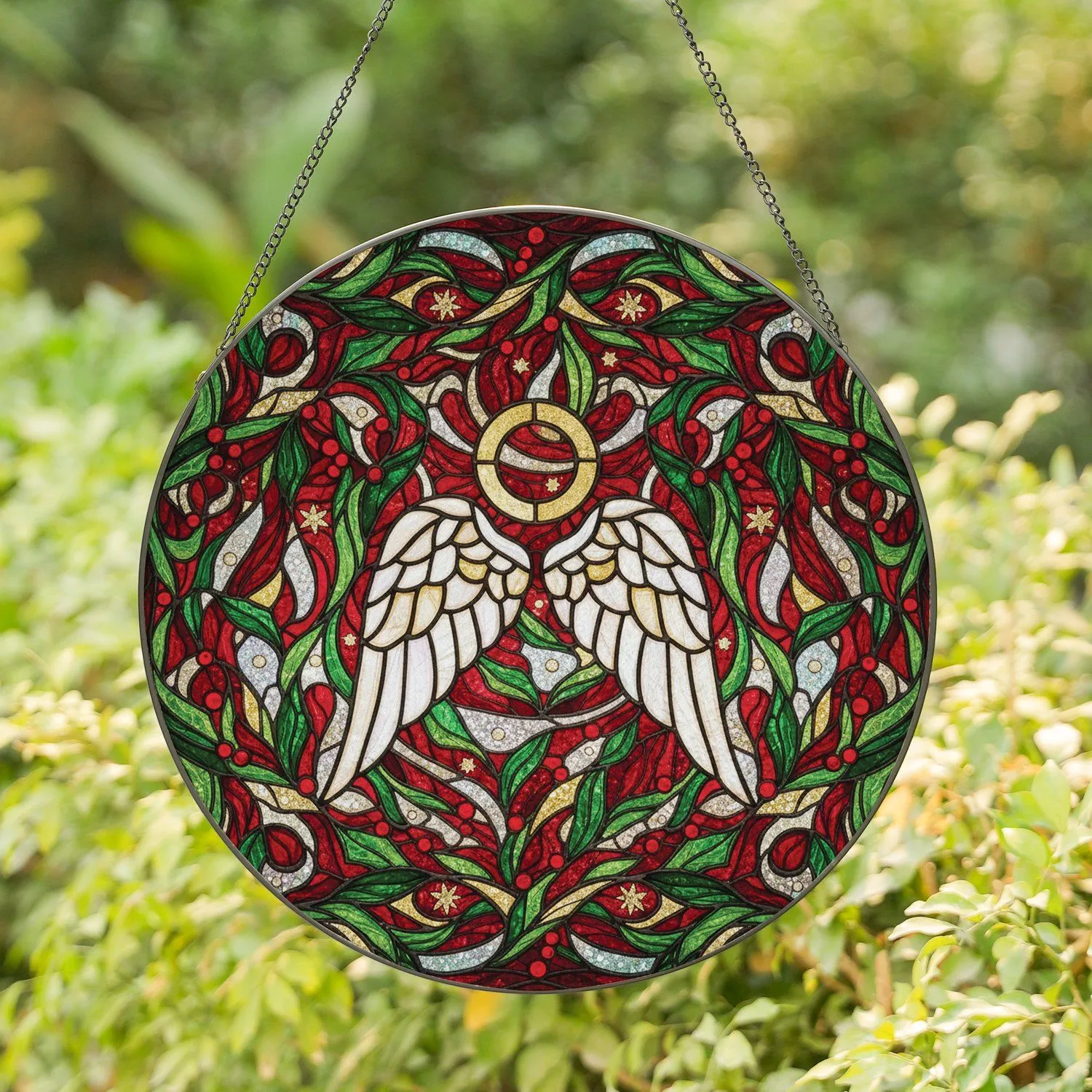 Angel Wings Halo Holly Berries Evergreen Stars - Christmas Home Decor Gift Stained Glass Suncatcher - 1