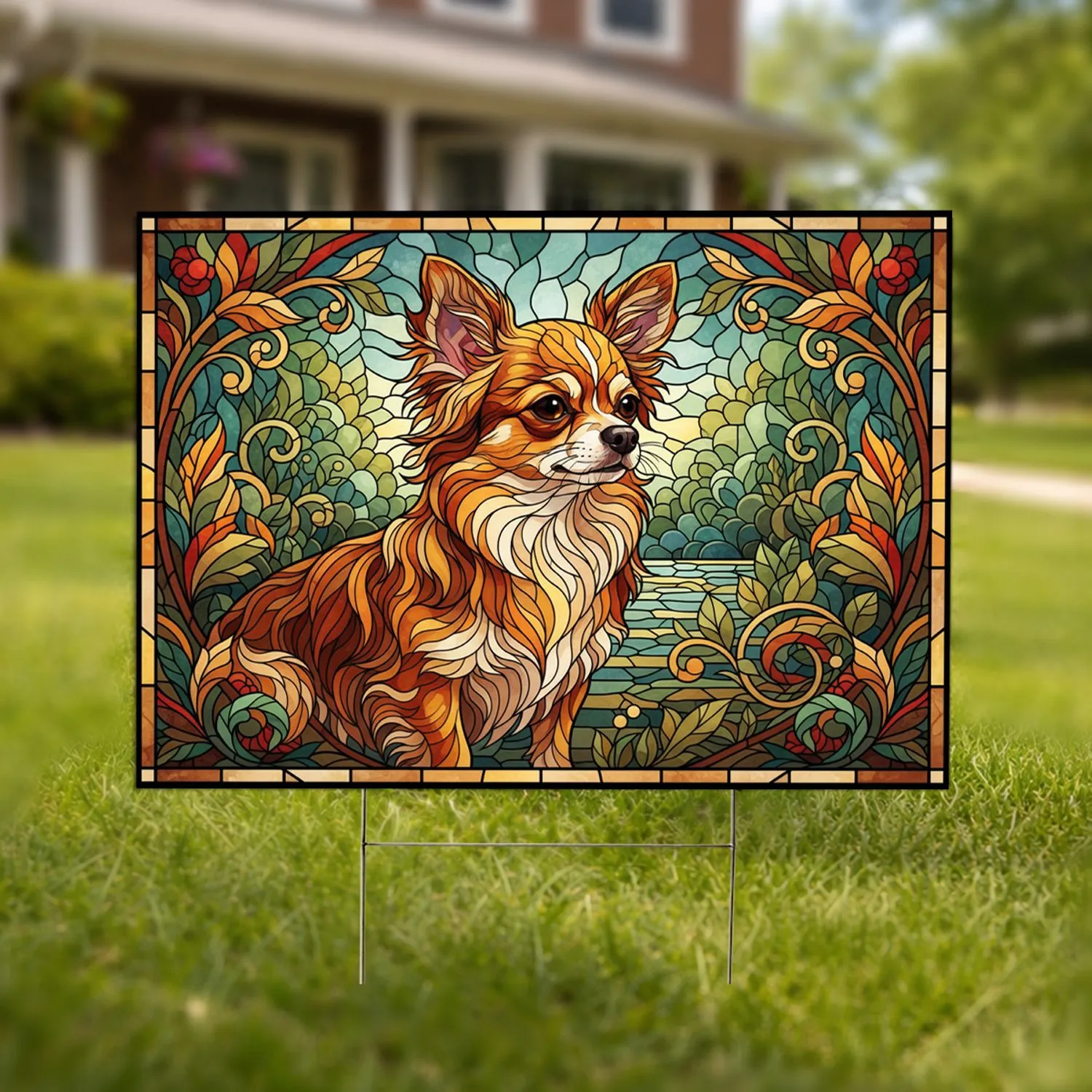 Chihuahua Dog Stained Glass Garden Foliage - Dog Lover Home Decor Gift Yard Sign - 1