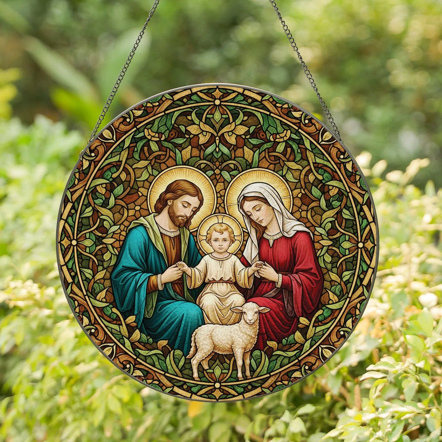 Holy Family Lamb Golden Halo Mosaic - Religious Gift for Christian Home Decor Stained Glass Suncatcher - 1