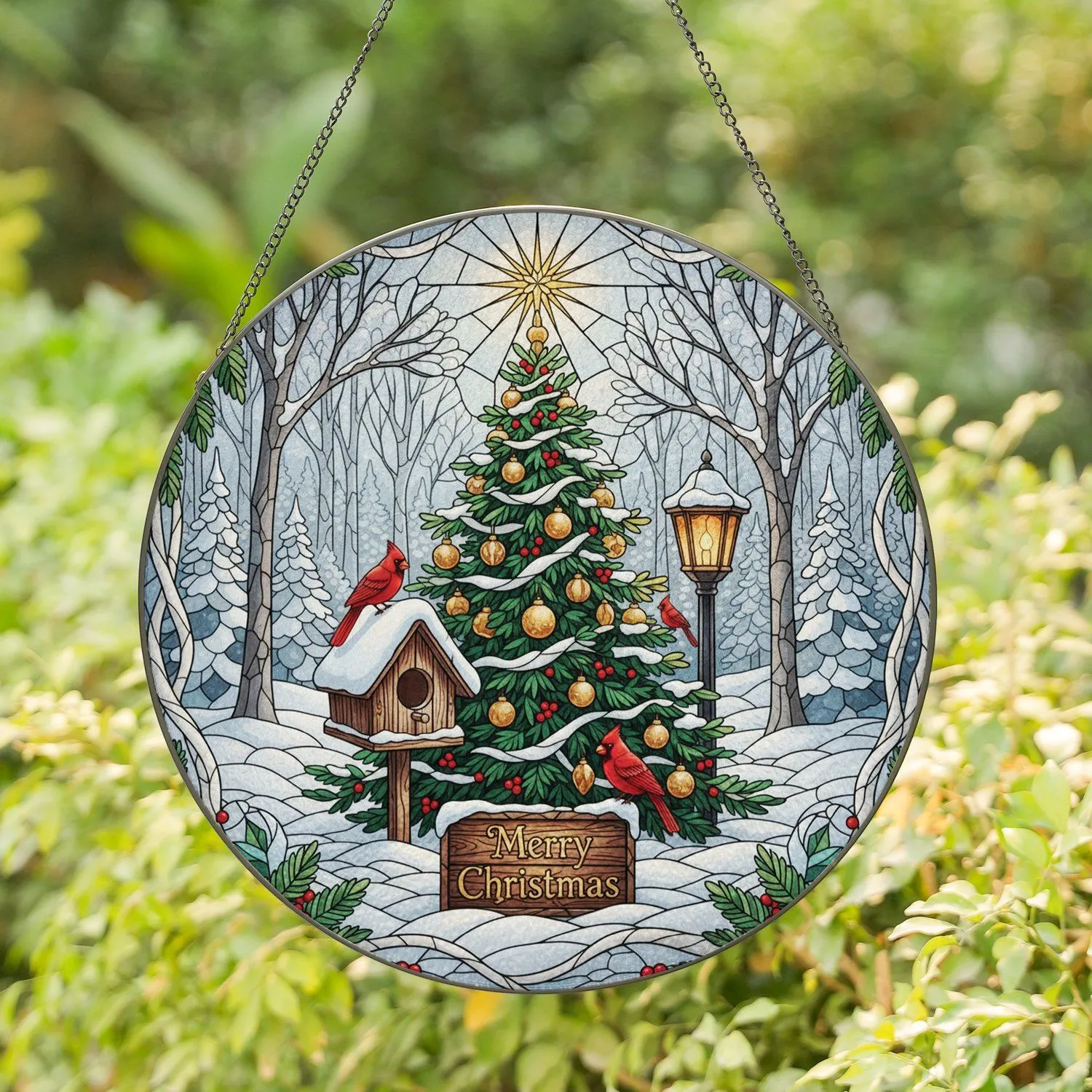 Golden Ornament Christmas Tree, Red Cardinals Snowy Forest - Holiday Home Decor for Bird Lover Stained Glass Suncatcher - 1