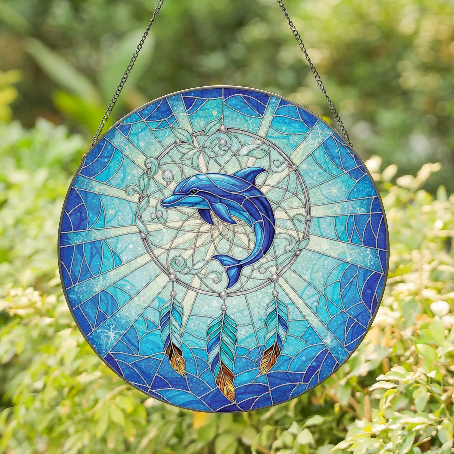 Mosaic Celestial Dolphin Dreamcatcher Feathers - Home Decor Gift for Wildlife Lover Stained Glass Suncatcher - 1