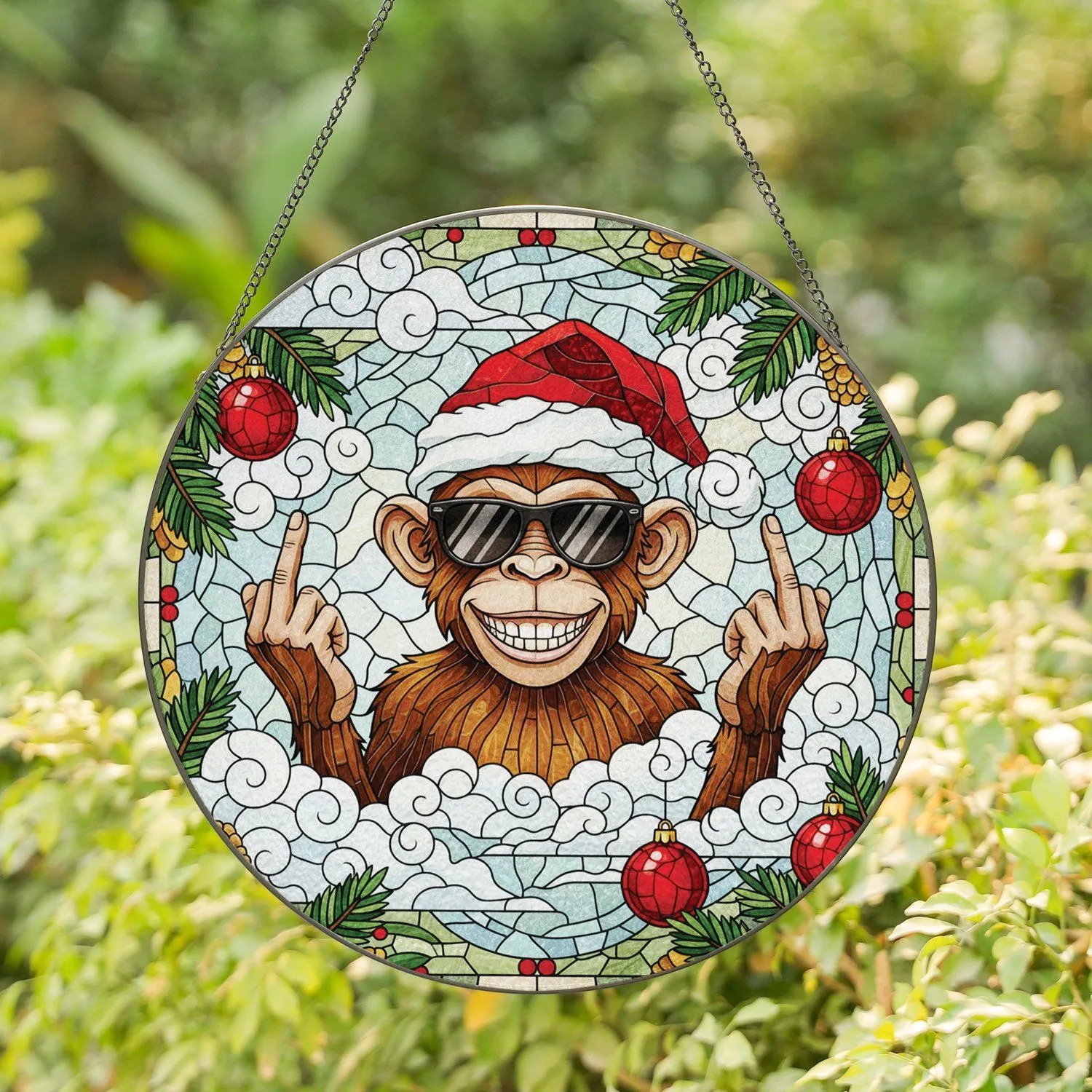 Monkey Santa Hat Sunglasses Christmas Decor - Holiday Gift for Primate Lover Stained Glass Suncatcher - 1